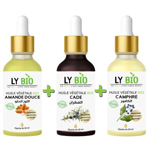 PACK HUILE AMANDE DOUCE 50ML - PIPETTE + HUILE CADE 50ML - PIPETTE + HUILE CAMPHREE 50ML - PIPETTE