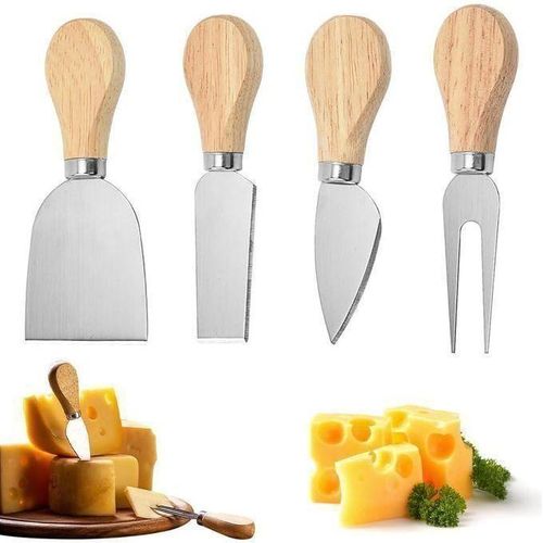 4 PCS Set de Couteaux à Fromage avec Poignée en Chêne, Couteaux à Fromage Inox Professionnel, Fourchette à Fromage en Acier Inoxydable pour Fromage, Beurre, Confiture, Gelée, Cadeaux