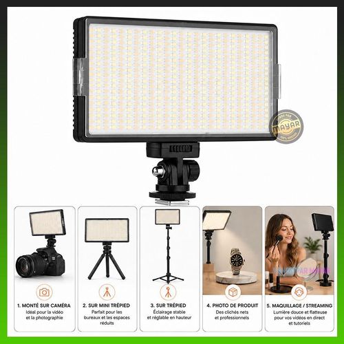LED-416 Panneau LED Vidéo Professionnel 416 LEDs avec Température Réglable 3200K-5600K, Luminosité Dimmable, Batterie rechargeable NP-F550/F570 7.4V 2200mAh et Fixation