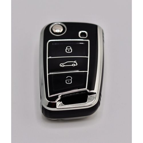 Protège-clés Premium pour Volkswagen/ Seat/ Skoda (noir/argent) Golf, Polo, Scirocco, Transporter, Ibiza, Octavia, Superb, Californie model couleur aléatoire