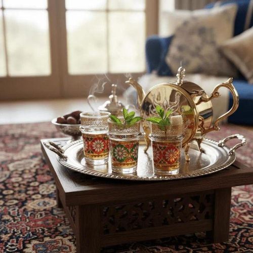 Ensemble de 6 verres a the en cristal decores de motifs marocains elegants au style Fassi traditionnel