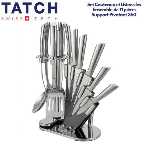 Ensemble de Couteaux et Ustensiles de Cuisine 11 Pièces en Acier Inoxydable Avec Support Pivotant 360°, 5 Couteaux Professionnels + 5 Ustensiles Essentiels, Design Élégant, Poignées Thermiques Ergonomiques