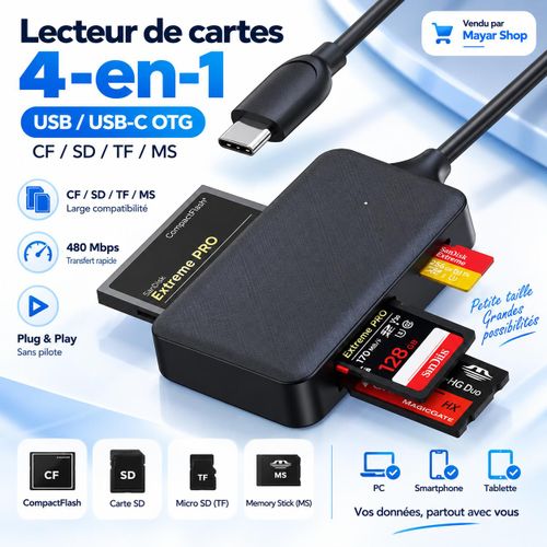 Lecteur de Cartes Mémoire 4-en-1 USB / USB-C OTG D-568 avec Câble 15 cm, Compatible CF, SD, TF Micro SD et MS, Transfert Rapide 480 Mbps, Plug & Play Sans Pilote pour PC, Mac, Android, Smartphone, Tablette, Appareil Photo et Drone