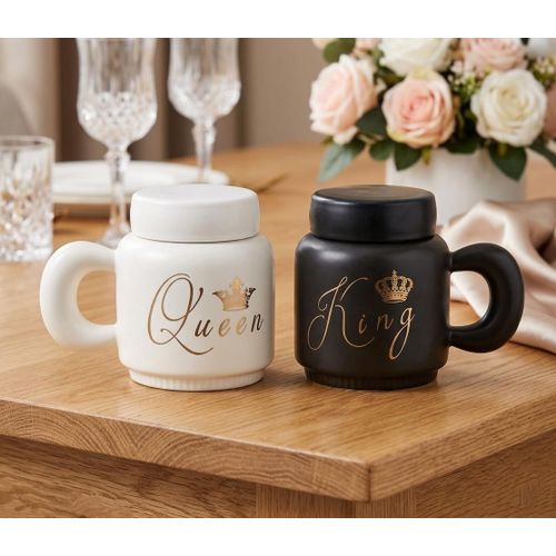 2 Tasses à café en céramique king Queen Coffret cadeau de mariage pour mariée et marié - Matching His Hers Cups - Parfait pour lanniversaire