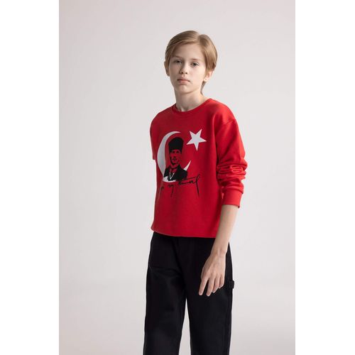 Sweatshirt rouge à col rond avec imprimé Atatürk pour garçon
