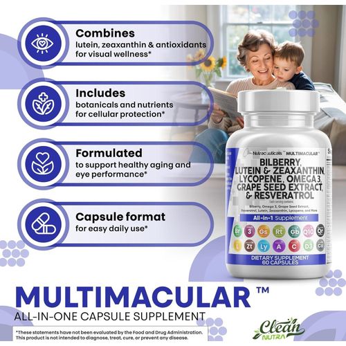 Complément alimentaire pour les yeux, enrichi en vitamines, lutéine et zéaxanthine de myrtille, lycopène , resvératrol et astaxanthine de pépins de raisin. Soutien de la santé oculaire.