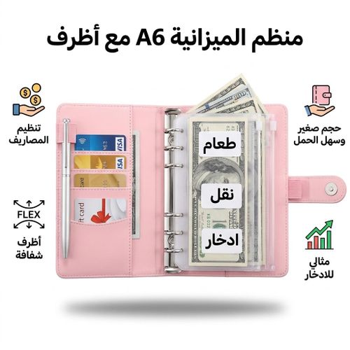 Organisateur Budgétaire A6, Classeur Budget Rose avec 6 Pochettes Transparentes, Enveloppes de Gestion d’Argent, Répartition Mensuelle, Porte-Documents Économique