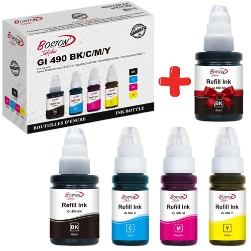 Pack de 5 Bouteilles d’Encre GI-490 Adaptable – 2 Noir 135ml + Cyan Magenta Jaune 70ml – Compatible Canon PIXMA G1400/G1410/G1411/G2410/G2400/G2411/G3400/G3410/G3411/G4400/G4411 – 1 Noir Gratuit