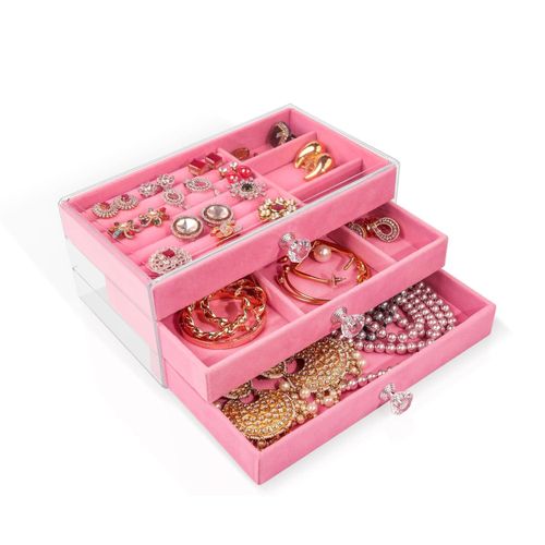 Boîte à bijoux en acrylique avec 3 tiroirs empilables, présentoir en velours pour boucles d'oreilles, bagues, colliers et bracelets, beige, 23,5 x 13,5 x 10,5 cm, rose.