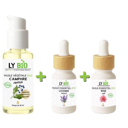 PACK HUILE CAMPHREE 50ML - POMPE + HUILE ESSENTIEL LAVANDE 10ML + HUILE ESSENTIEL ROSE 10ML