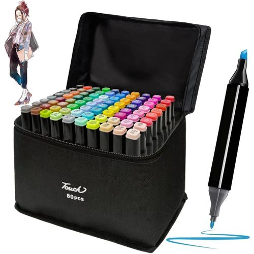 Pack 80 Feutres Double Pointe Touch – Marqueurs Alcool Professionnels + Sac de Rangement – Pour Dessin Manga & Design