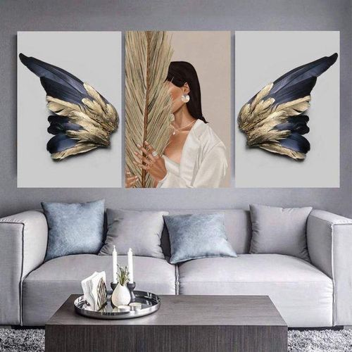 Tableau Triptyque Femme Élégante et Ailes Dorées – Set de 3 Toiles Murales Décoratives Bleu Nuit et Or