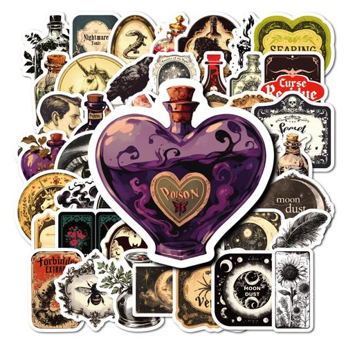 Améliorez Votlot Journaling et Cadeaux - Lot de 50 Autocollants Vintage de Potions de Magie Noire - Décalcomanies Décoratives Durables Parfaites pour Collage, Scrapbooking, Agenda, Emballage Cadeau, Décoration d'Ordinateur Portable