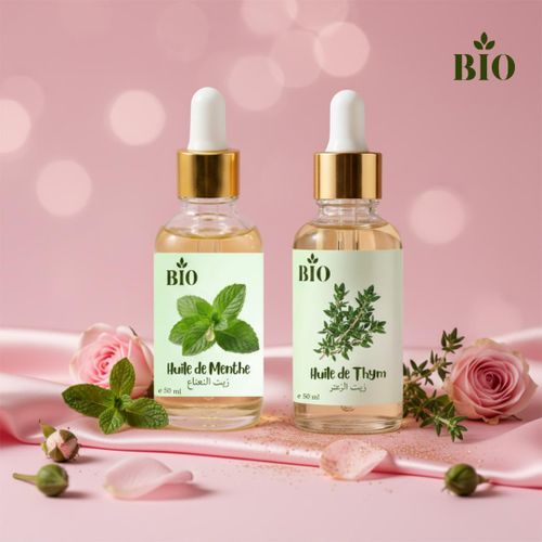 Huile de Menthe 50 ml et Huile de Thym 50 ml routine beauté Maroc