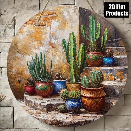 Plaque de peinture décorative en bois ronde 2D, thème cactus, convient pour bar cuisine café salon bureau décoration maison, cadeau de fête, 20.32x20.32 cm, 1 pièce