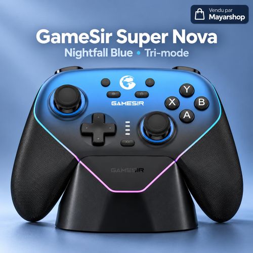 Manette Sans Fil Super Nova T4n Pro Nightfall Blue - Compatible PC, Switch, iOS et Android, Joysticks Hall Effect, Connexion Tri-Mode, Éclairage RGB et Station de Charge