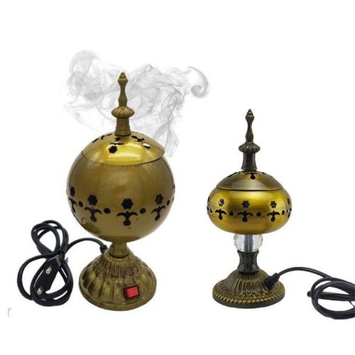 Diffuseur d’encens électrique en métal bronze au design perlé, parfait pour une atmosphère élégante.