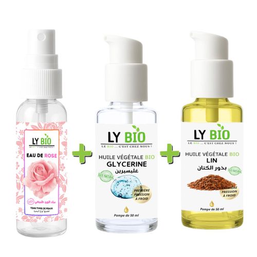 حزمة LYBIO ماء الورد 100 مل + زيت الجلسرين 50 مل - مضخة + زيت بذر الكتان 50 مل - مضخة