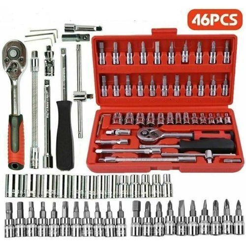 Kit d'outils à main 46 pièces,jeu de douilles,clé à cliquet rapide, Ensemble de clés à douille combinées,boîte à outils pour voiture, vélo