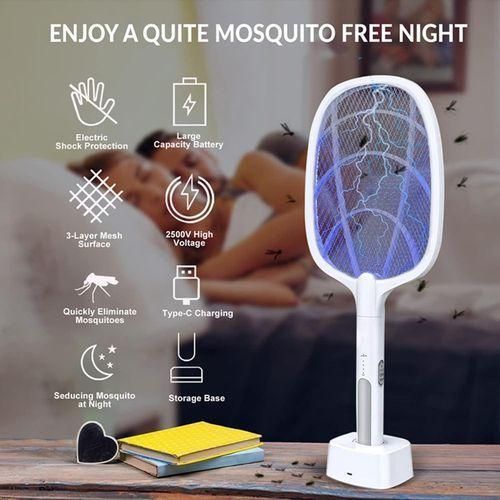 Raquette Anti-Moustiques Électrique 2-en-1 avec Lampe Piège UV – Tapette à Mouches Rechargeable USB, Grille de Sécurité à 3 Couches, Intérieur & Extérieur