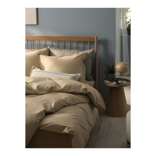 Parure de Lit en Satin 155x220cm Kaki Pâle - Texture Carreaux - Pour Chambre Adulte