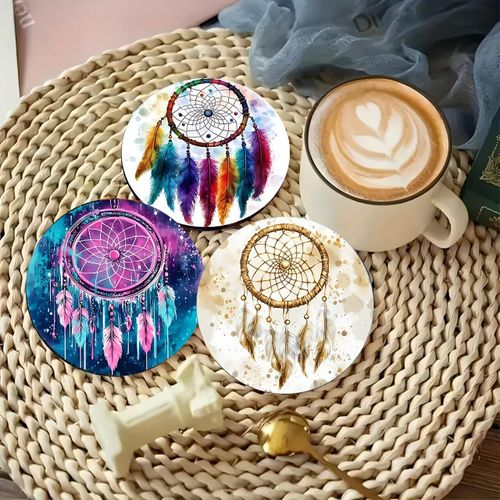 Lot de 6 sous-verres en bois carton pour décoration de maison et de restaurant - Protège-tables résistants à la chaleur avec attrape-rêves, adaptés pour café, thé, tasses, porte-gobelets, cadeau idéal pour collection de cuisine ( de tasse), 2D pla