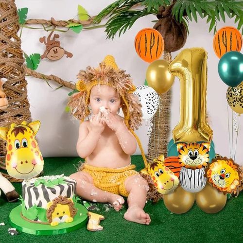 Ballons anniversaire 1 ans Jungle Safari Animal Theme Foil Balloon Bouquet for Third Birthday Celebrations, Multicolor