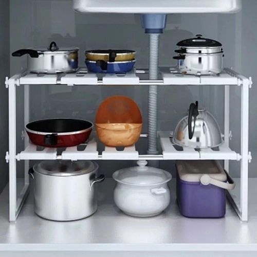 Etagere sous evier extensible 2 niveaux pour rangement de cuisine et salle de bain, Organiseur modulable et reglable pour casseroles poeles et produits d entretien, Rangement gain de place ajustable sous evier pour placard