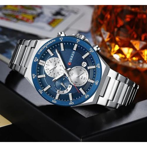 Montre Sport Homme Chronographe Trois Sous-Cadrans Bracelet Acier 22 mm Bleu – Collection Signature