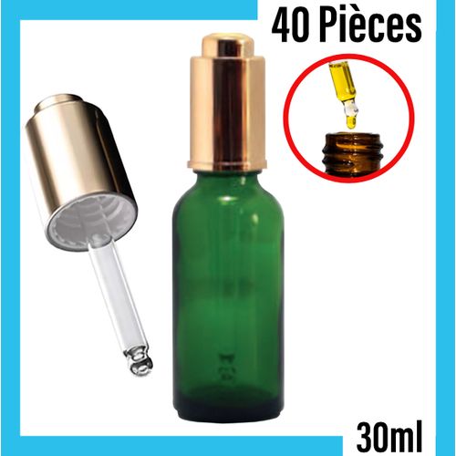 Lot de 40 Pipettes Presse Compte en verre Vert Cap dorée 30ml pour cosmétique