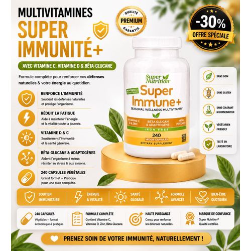 Multivitamines Super Immunité+ avec Vitamine C, Vitamine D et Bêta-Glucane, Sans Fer, 240 Capsules Végétales