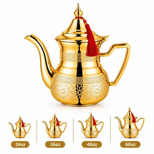 Dallah Marocaine Dorée Élégante – Théière Traditionnelle avec Motifs Décoratifs – 24oz, 36oz, 48oz, 60oz