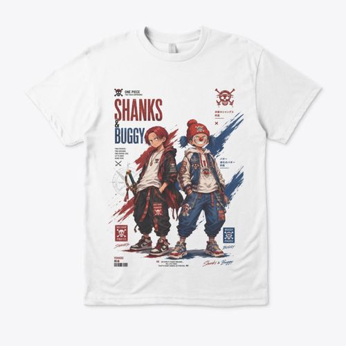 T-Shirt Premium Quality Buggy et Shanks Homme Femme – Design Anime Pirate Fan Art – Tshirt 100% Coton Premium Unisexe - White