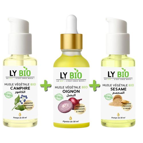 PACK HUILE CAMPHREE 50ML - POMPE HUILE OIGNON 50ML - PIPETTE HUILE SESAME 50ml - POMPE