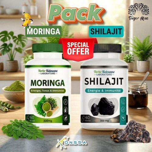 PACK DOUBLE 2 Bouteilles SHILAJIT MORINGA - Capsules de SHILAJIT, haute dose de SHILAJIT de l'Himalaya, 300mg fulvine et acides humiques, Augmente l'énergie : Renforce les défenses naturelles du corps.