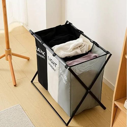 Panier à linge triple compartiments pliable Noir Blanc Gris