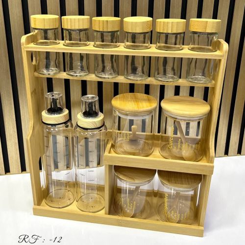 Ensemble de 12 pots à épices et bouteilles d'huile avec support en bois