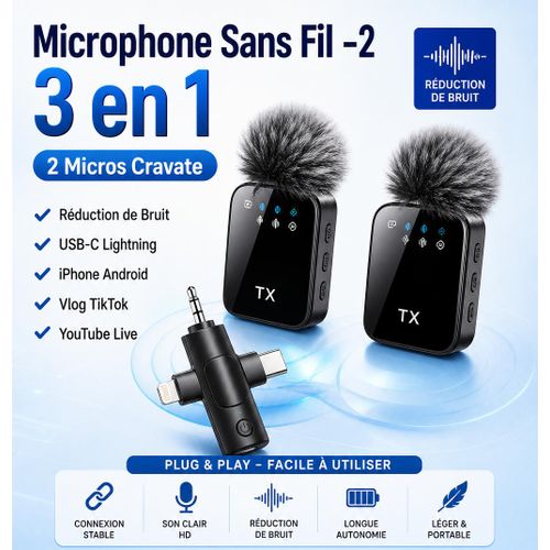 Microphone Sans Fil 3 en 1, 2 Micros Cravate, Réduction de Bruit, USB-C et Lightning, Compatible iPhone Android, Vlog TikTok YouTube Live