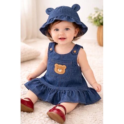 Robe salopette en denim avec chapeau à oreilles Ensemble adorable pour bébé fille