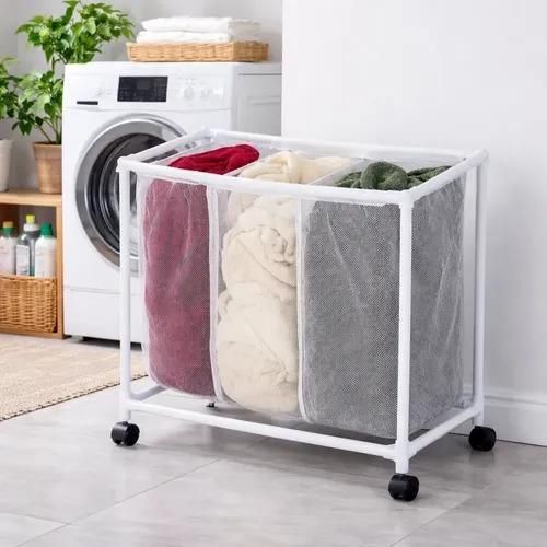 Chariot porte-linge roulettes avec compartiments de tristructure mtallique blanche et housse amovibleidal pour la buanderiela salle de bain ou lorganisation du linge la maison