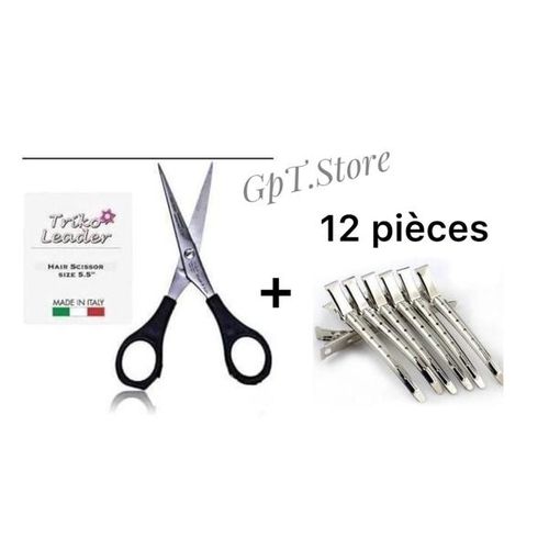 Ciseau de Coupe Professionnel 5 1/2 –Triko Leader (Made in Italy)+12 pièces Pinces à Cheveux