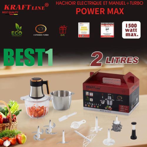 Kraft Hachoir Électrique turbo puissance 1500W et 2 Bol Inox et Verre/ 2 Litres+ Possibilité de fonctionnement manuel