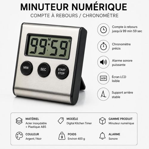 Digital Kitchen Timer en Acier Inoxydable avec Compte à Rebours et Chronomètre