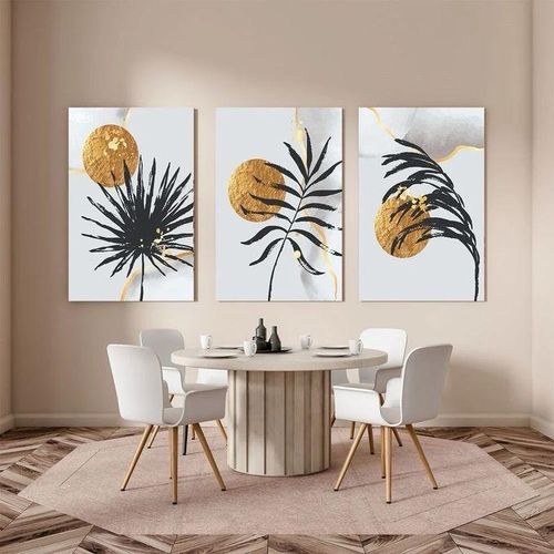 Set de 3 Tableaux Muraux Feuillages Botaniques Noir et Or – Décoration Murale Moderne
