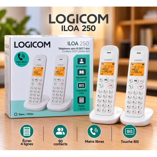 Téléphone Sans Fil DECT Duo Mains Libres, Écran et Autonomie 90 h, ILOA 250