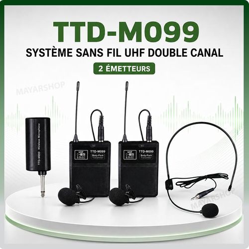 Système de microphones sans fil UHF TTD-M099 double canal avec 2 émetteurs de poche, micros-casques et micros-cravates, récepteur rechargeable jack 6,35 mm pour enceinte, amplificateur et mixeur