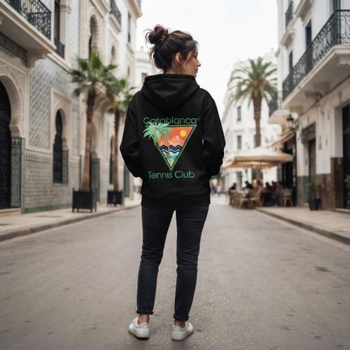 Hoodie noir à capuche, 1 pièce, imprimé graphique Casablanca Tennis Club avec palmier et coucher de soleil au dos, style sport casual streetwear tendance