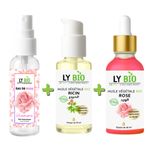 LY BIO LYBIO مجموعة ماء الورد 100 مل + زيت الخروع 50 مل - بمضخة + زيت الورد 50 مل - مع قطارة