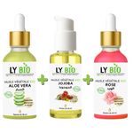 LY BIO PACK HUILE ALOE VERA 50ml - PIPETTE + HUILE JOJOBA 50ML - POMPE + HUILE ROSE 50ml - PIPETTE