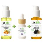 LY BIO PACK HUILE ABRICOT 50ML - POMPE + HUILE ESSENTIEL LAVANDE 10ML + HUILE NIGELLE 50ML - POMPE